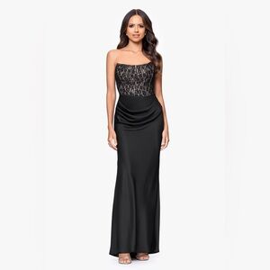 Betsy & Adam Black Lace Strapless Gown